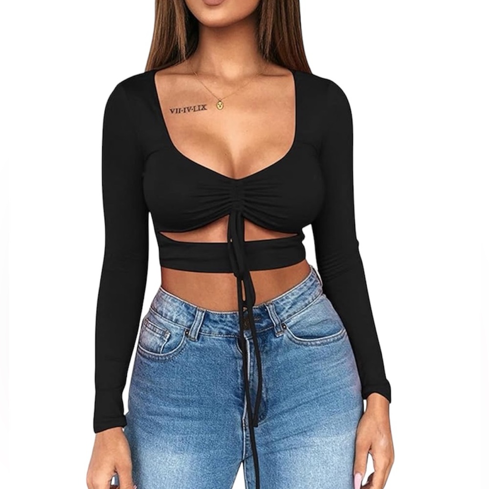 Women’s Black Long Sleeve Runched Tie Crop Top Small